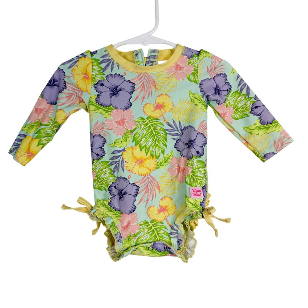 Ruffle Butts Baby Girl Hawaiian Floral Swimsuit Rashguard Yellow Purple - 6-12M